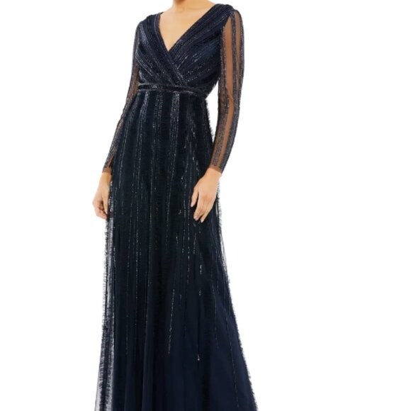 MAC DUGGAL 9145 ILLUSIONS A-LINE LONG SLEEVE MIDNIGHT GOWN 6 - Picture 2 of 7